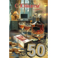 Маленькое фото товара - 50000626 С Юбилеем! 50 (открытка, текст, блестки, мужская), (Праздник). Вариант №1