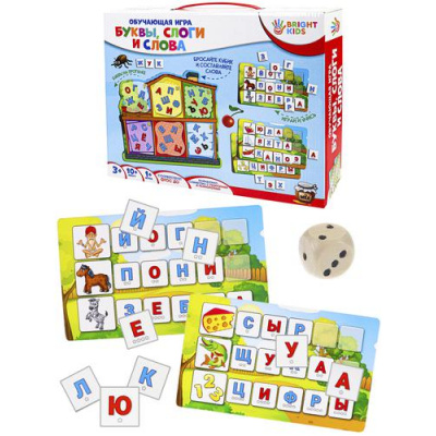 Большое фото товара - ИграОбучающая Bright Kids. Буквы, слоги и слова (поле, жетоны, карточки, кубик, в коробке, от 3 лет) ИН-7631, (Рыжий кот), 11-186719. Вариант №1
