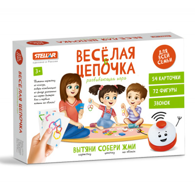 Большое фото товара - Настольная Игра Веселая цепочка (54 карточки, 72 фигуры, звонок, в коробке, от 3 лет) 01163, (Стеллар), 11-221657. Вариант №1