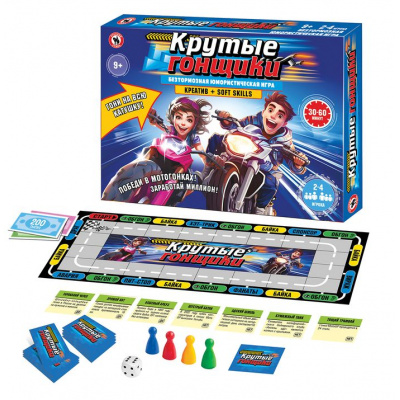 Большое фото товара - Настольная Игра Крутые гонщики (игровое поле, 4 фишки, кубик, карточки, жетоны, игровые деньги, в коробке, от 9 лет) 02096, (ООО "Русский стиль"), 11-223731. Вариант №1