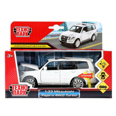 Большое фото товара - Модель Инерционная Технопарк 1:33 Mitsubishi Pajero 4wd Turbo (14,5см, металл, свет, звук, открываются двери и багажник, в коробке, от 3 лет) SB-68463W, (Guangdong Caipo Technology Co., Ltd), 11-231239. Вариант №1