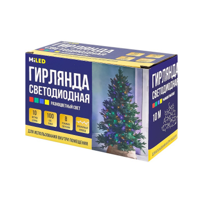Большое фото товара - Гирлянда метражная (длина 10м, 100 разноцветных ламп, прозрачная нить, 8 режимов, в коробке) НУ-9781, (ООО "МИЛЕНД"), 11-234013. Вариант №1
