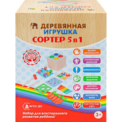 Большое фото товара - Деревянная Игрушка Сортер (5в1, 13х17,5х12,5см, дерево, в коробке, от 3 лет) И-4023, (Рыжий кот), 11-234695. Вариант №1