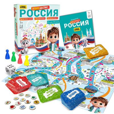 Большое фото товара - Настольная Игра Родная игрушка. Россия. Я люблю свою страну (224 карточки, 72 жетона, фишки, кубик, в коробке, от 7 лет) 03384, (ООО "Русский стиль"), 11-235916. Вариант №1