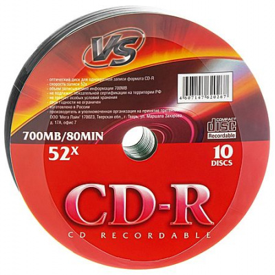 Большое фото товара - КОМПАКТ-ДИСК (CD-R ) записываемый VS 80 мин 52х 10шт (480) VS, 12-101265. Вариант №1