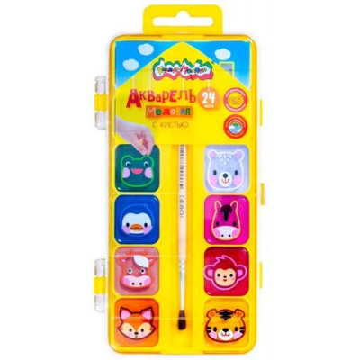Большое фото товара - Краски акварельные медовые 24цв АККМФ24ЕКД с кистью пласт.уп Каляка-Маляка, 12-146380. Вариант №1