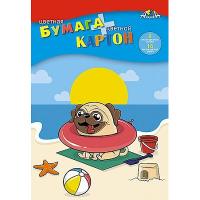 Большое фото товара - Набор цветного картона (8л)+цветная бумага (16л) "Щенок на пляже" С1832-15 АппликА, 12-176050. Вариант №1
