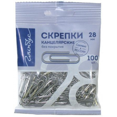 Большое фото товара - Скрепки канцелярские 28мм/100шт серебро без покрытия С28-100Пл Глобус, 12-186046. Вариант №1