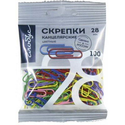 Большое фото товара - Скрепки канцелярские 28мм/100шт цветные полимерное покрытие С28-100ППл Глобус, 12-186047. Вариант №1