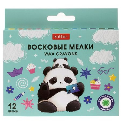 Большое фото товара - Мелки восковые 12цв "Плюшевые панды" JUMBO корпус 11мм (089690) Хатбер, 12-199899. Вариант №1