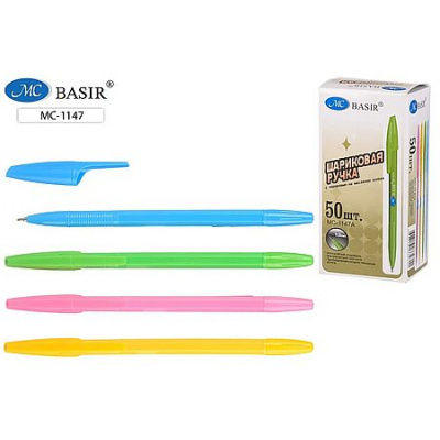 Большое фото товара - Ручка шариковая масляная МС-1147А-1 синяя 1.0мм, цветной корпус (ассорти) Basir, 12-204088. Вариант №1