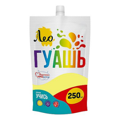 Большое фото товара - Гуашь 250 мл лимонная(lemon) 204 "Учись" Группа 3 дой-пак с штуцером LGD-250 Лео, 12-205007. Вариант №1