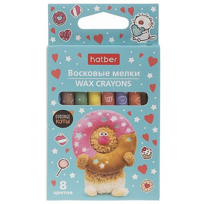 Большое фото товара - Мелки восковые 8цв "Кофейные коты" круглый корпус 9мм,картон.короб.с европодвесом (092083) Хатбер, 12-207933. Вариант №1