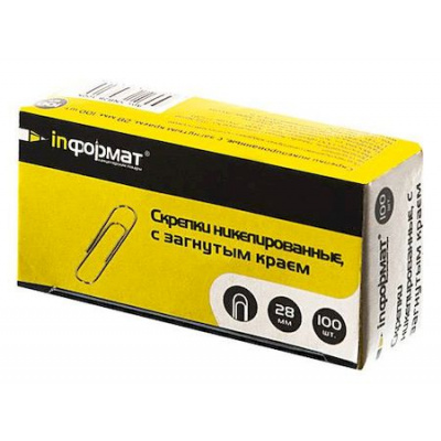 Большое фото товара - Скрепки канцелярские 28мм/100шт никелированные, загнутый край SNB28-100K inФОРМАТ, 12-53706. Вариант №1