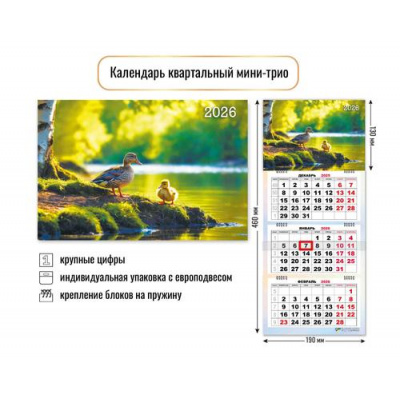 Большое фото товара - КалендарьКвартальный 2026 Природа (190*460, трехблочный) 9238, (Квадра), 13-1001234. Вариант №1