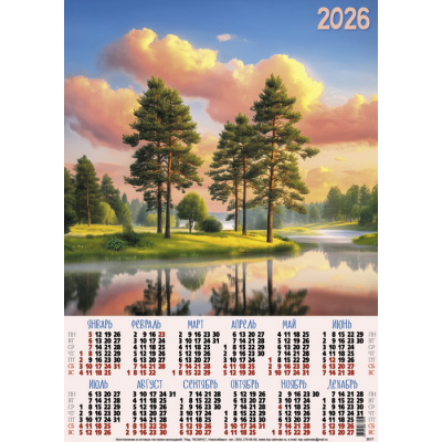 Большое фото товара - Календарь листовой 2026 А3 Сосны на закате (лак) 3617, (Келинс, 2025), Л, 13-1003226. Вариант №1
