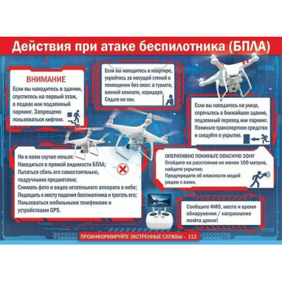 Большое фото товара - 50000025 Плакат Действия при атаке беспилотника (БПЛА) (600*440, текст), (Праздник), 13-1009128. Вариант №1