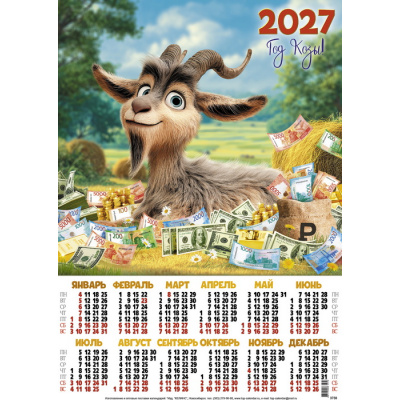 Большое фото товара - Календарь листовой 2027 А3 На сене (Символ года) (лак) 3738, (Келинс, 2026), Л, 13-1021190. Вариант №1