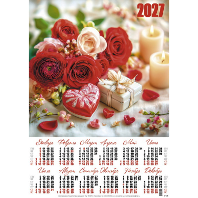 Большое фото товара - Календарь листовой 2027 А2 Розы с сердечком (лак) 27138, (Келинс, 2026), Л, 13-1022288. Вариант №1