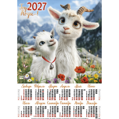 Большое фото товара - Календарь листовой 2027 А3 Козленок с козой (Символ года) (лак) 3736, (Келинс, 2026), Л, 13-1022344. Вариант №1