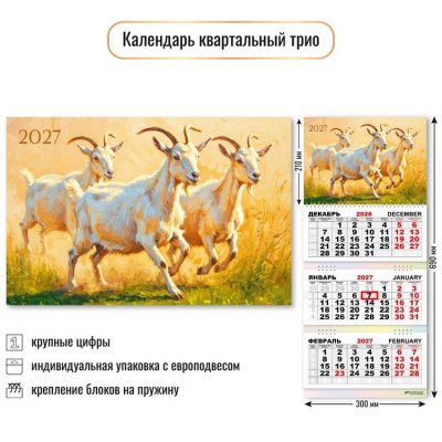 Большое фото товара - КалендарьКвартальный 2027 Год козы (Символ года) (300*690, трехблочный) 10000, (Квадра), 13-1023023. Вариант №1