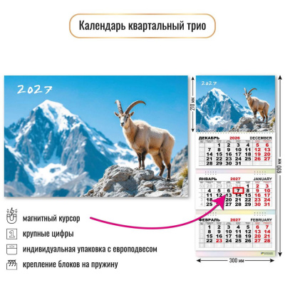 Большое фото товара - КалендарьКвартальный 2027 Символ года (300*690, трехблочный, с магнитным курсором) 10387, (Квадра), 13-1023032. Вариант №1