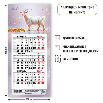 Большое фото товара - КалендарьНаМагните 2027 Год козы (Символ года) (108*245, отрывной, квартальный) 9987, (Квадра), 13-1023215. Вариант №1
