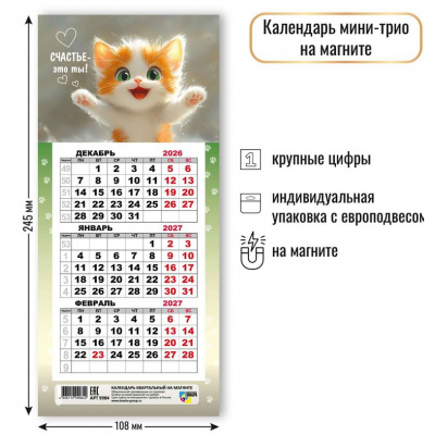 Большое фото товара - КалендарьНаМагните 2027 Кот (108*245, отрывной, квартальный) 9984, (Квадра), 13-1024129. Вариант №1
