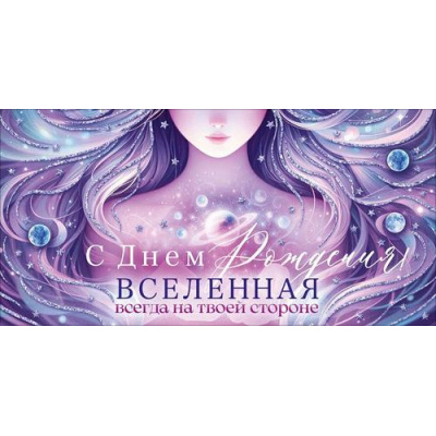 Большое фото товара - 90001928 С Днем Рождения! Вселенная всегда на твоей стороне (конверт для денег, текст, блестки), (ОткрытаяПланета), 13-1025457. Вариант №1