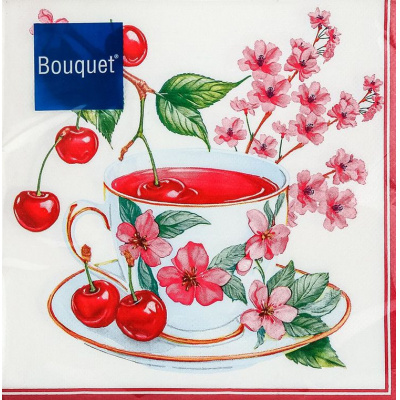 Большое фото товара - Салфетки бумажные Bouquet. Вишневый чай (33*33см, 3-слоя, 20шт.) 25290, (ООО "Русская бумага АЛЛ Продукция"), 13-1029721. Вариант №1