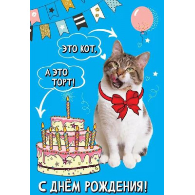 Большое фото товара - 1804263 С Днем рождения! Это кот, а это торт! (открытка, текст), (Праздник), 13-943797. Вариант №1